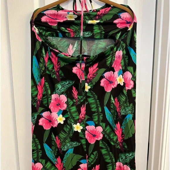 Colleen Lopez Halter Dress Vibrant Hibiscus Rayon Spandex Knee Length Large - Picture 3 of 13